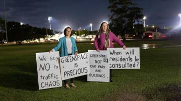 Michelle Brown and Jacqui Rosewood are spearheading a community campaign against the proposed basketball stadium on Wallarah and Blackley ovals. Picture by Jonathan Carroll